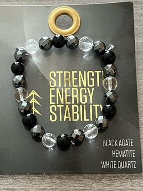 Black Agate,Hematite & White Quartz Stone Bracelet - Strength,Energy & Stability